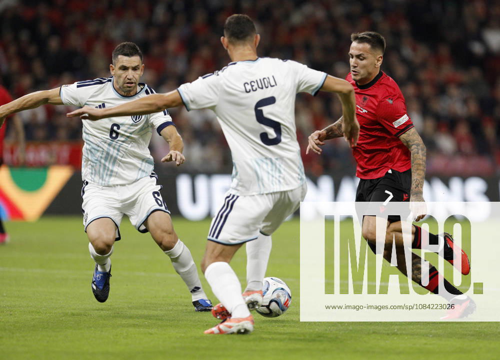 UEFA Nations League Qualifier Albania vs San Marino in Tirana, Albania. Rei Manaj of Albania (R) fights for the ball with Dante Rossi (L) of San Marino during the UEFA Nations League Group C match between Albania and Belarus at Air Albania Stadium in Tirana, Albania, on October 6, 2026. Light Studio Agency Malton Dibra Tirana Albania