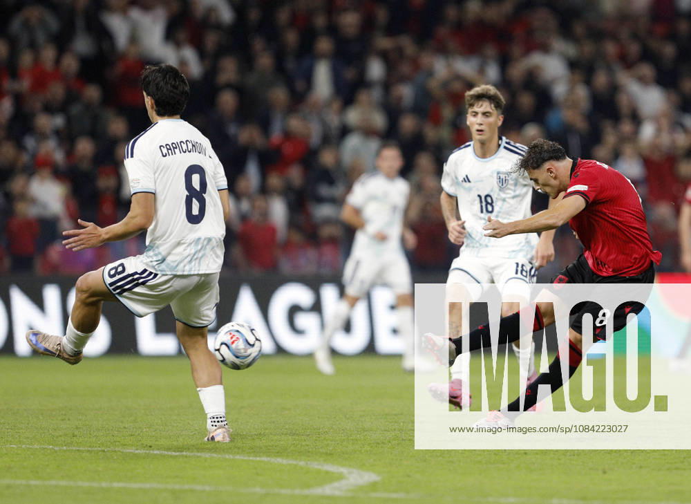 UEFA Nations League Qualifier Albania vs San Marino in Tirana, Albania. Kristjan Asllani of Albania (R) shoots and scores the first goal during the UEFA Nations League Group C match between Albania and Belarus at Air Albania Stadium in Tirana, Albania, on October 6, 2026. Light Studio Agency Malton Dibra Tirana Albania
