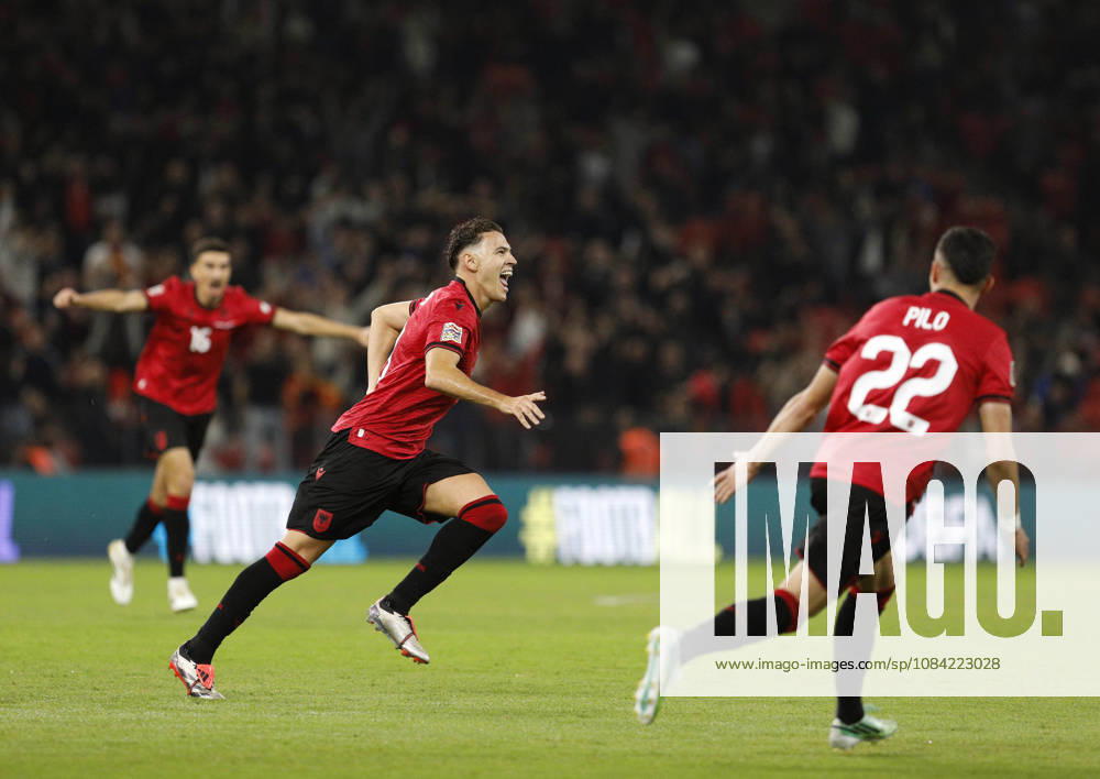 UEFA Nations League Qualifier Albania vs San Marino in Tirana, Albania. Kristjan Asllani of Albania (C) celebrates his first goal during the UEFA Nations League Group C match between Albania and Belarus at Air Albania Stadium in Tirana, Albania, on October 6, 2026. Light Studio Agency Malton Dibra Tirana Albania