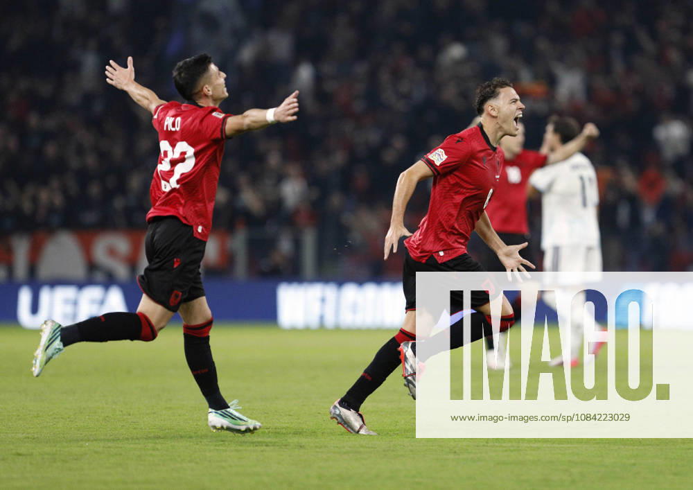 UEFA Nations League Qualifier Albania vs San Marino in Tirana, Albania. Kristjan Asllani of Albania (R) celebrates his first goal during the UEFA Nations League Group C match between Albania and Belarus at Air Albania Stadium in Tirana, Albania, on October 6, 2026. Light Studio Agency Malton Dibra Tirana Albania