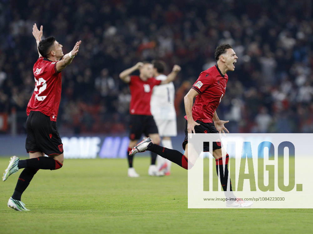 UEFA Nations League Qualifier Albania vs San Marino in Tirana, Albania. Kristjan Asllani of Albania (R) celebrates his first goal during the UEFA Nations League Group C match between Albania and Belarus at Air Albania Stadium in Tirana, Albania, on October 6, 2026. Light Studio Agency Malton Dibra Tirana Albania