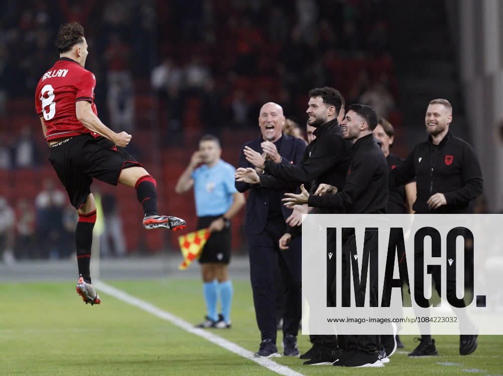 UEFA Nations League Qualifier Albania vs San Marino in Tirana, Albania. Kristjan Asllani of Albania and Albania head coach Italian Rolando Maran celebrate the first goal during the UEFA Nations League Group C match between Albania and Belarus at Air Albania Stadium in Tirana, Albania, on October 6, 2026. Light Studio Agency Malton Dibra Tirana Albania