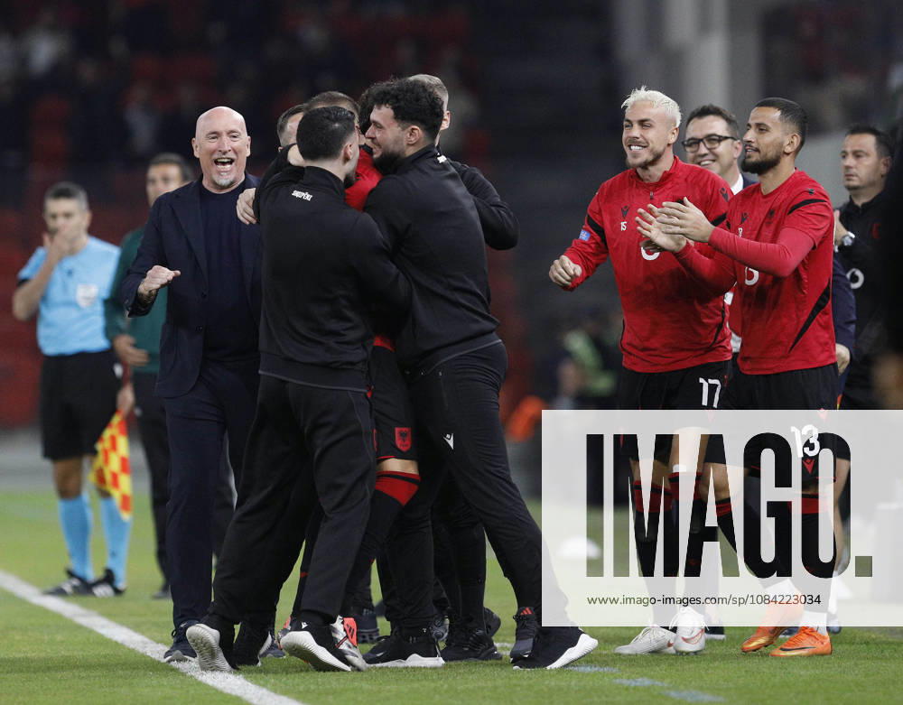 UEFA Nations League Qualifier Albania vs San Marino in Tirana, Albania. Albania and Albania head coach Italian Rolando Maran celebrate the first goal during the UEFA Nations League Group C match between Albania and Belarus at Air Albania Stadium in Tirana, Albania, on October 6, 2026. Light Studio Agency Malton Dibra Tirana Albania