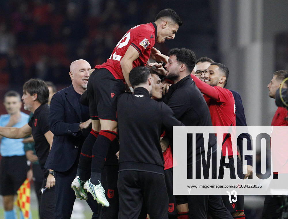 UEFA Nations League Qualifier Albania vs San Marino in Tirana, Albania. Albanian players and Albania head coach Italian Rolando Maran celebrate the first goal during the UEFA Nations League Group C match between Albania and Belarus at Air Albania Stadium in Tirana, Albania, on October 6, 2026. Light Studio Agency Malton Dibra Tirana Albania