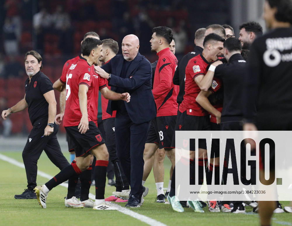 UEFA Nations League Qualifier Albania vs San Marino in Tirana, Albania. Albanian players and Albania head coach Italian Rolando Maran celebrate the first goal during the UEFA Nations League Group C match between Albania and Belarus at Air Albania Stadium in Tirana, Albania, on October 6, 2026. Light Studio Agency Malton Dibra Tirana Albania