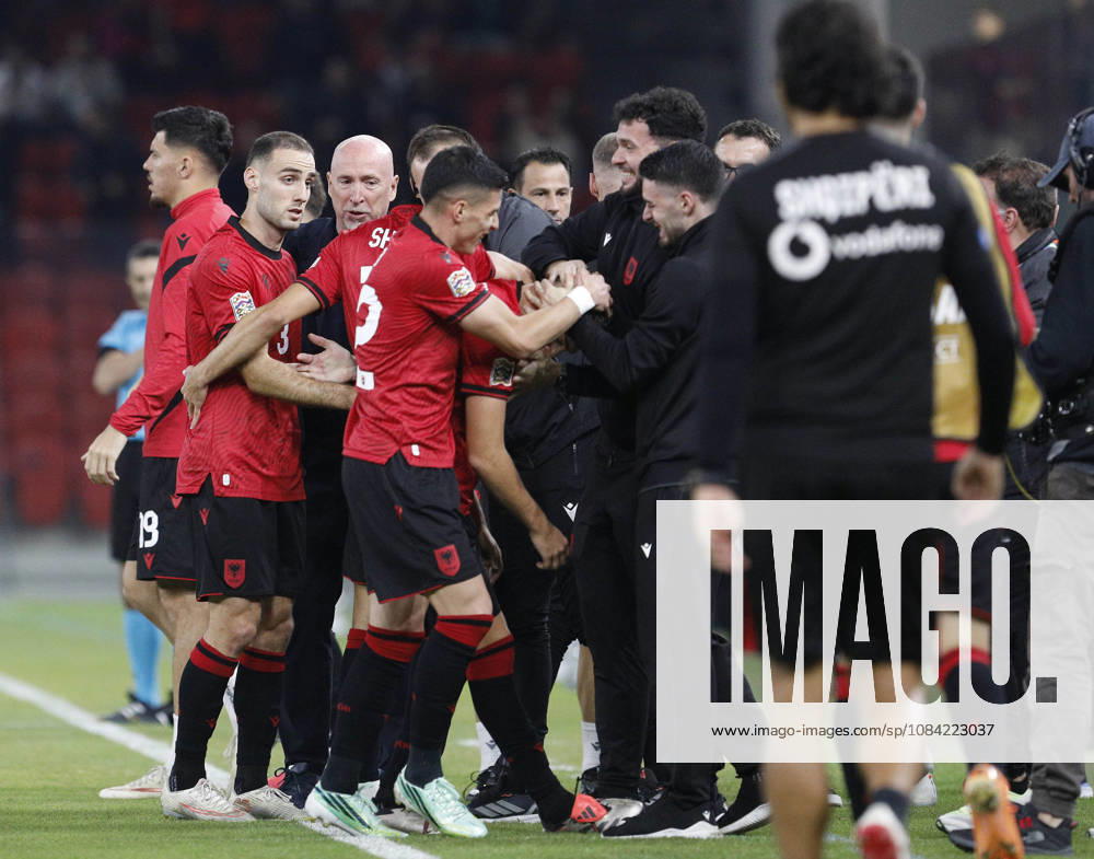 UEFA Nations League Qualifier Albania vs San Marino in Tirana, Albania. Albanian players and Albania head coach Italian Rolando Maran celebrate the first goal during the UEFA Nations League Group C match between Albania and Belarus at Air Albania Stadium in Tirana, Albania, on October 6, 2026. Light Studio Agency Malton Dibra Tirana Albania
