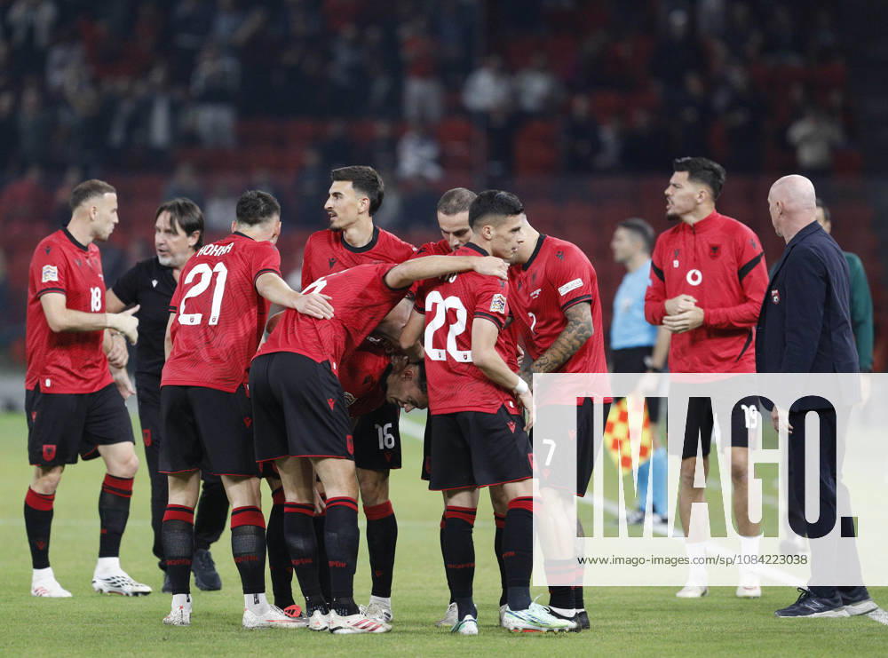 UEFA Nations League Qualifier Albania vs San Marino in Tirana, Albania. Albanian players celebrate the first goal during the UEFA Nations League Group C match between Albania and Belarus at Air Albania Stadium in Tirana, Albania, on October 6, 2026. Light Studio Agency Malton Dibra Tirana Albania