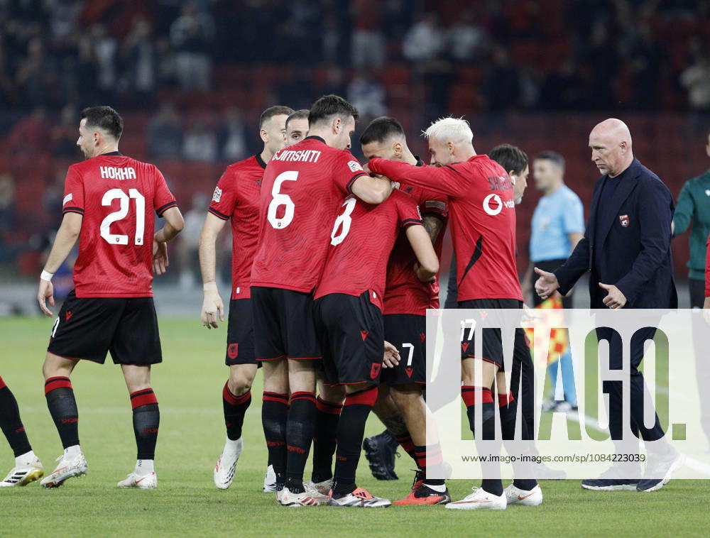 UEFA Nations League Qualifier Albania vs San Marino in Tirana, Albania. Albanian players and Albania head coach Italian Rolando Maran celebrate the first goal during the UEFA Nations League Group C match between Albania and Belarus at Air Albania Stadium in Tirana, Albania, on October 6, 2026. Light Studio Agency Malton Dibra Tirana Albania