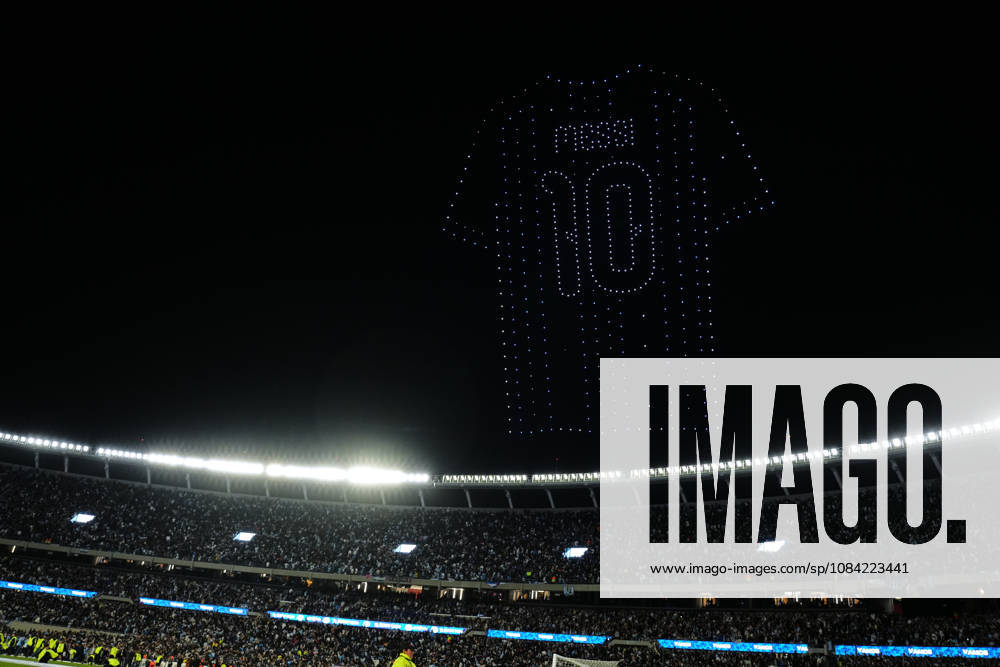 Messi bade farewell to Argentina in the friendly match against Benin BUENOS AIRES, ARGENTINA - OCTOBER 6: Drone show featuring a Messi jersey with the number 10 as Argentine football legend and national team, Nationalteam captain Lionel Messi goodbye to the crowd during his farewell match in front of over 80,000 spectators at the Monumental Stadium, in Buenos Aires, Argentina on October 6, 2026. Argentine football star Lionel Messi played his final international match, Länderspiel, Nationalmannschaft in the friendly game between Argentina and Benin. The 39-year-old walk onto the stadium pitch for the final time in the sky-blue and white jersey, entering his farewell as Argentina s record appearance-maker and leading scorer with 207 caps and 125 goals. Luciano Gonzalez Anadolu Buenos Aires Argentina. Editorial use only. Please get in touch for any other usage.