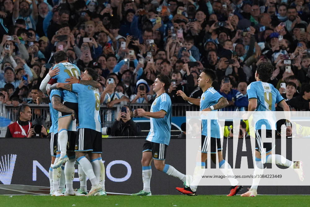 Messi bade farewell to Argentina in the friendly match against Benin BUENOS AIRES, ARGENTINA - OCTOBER 6: Argentine football legend and national team, Nationalteam captain Lionel Messi (10) celebrates with teammates after scoring a goal during his farewell match in front of over 80,000 spectators at the Monumental Stadium, in Buenos Aires, Argentina on October 6, 2026. Argentine football star Lionel Messi played his final international match, Länderspiel, Nationalmannschaft in the friendly game between Argentina and Benin. The 39-year-old walk onto the stadium pitch for the final time in the sky-blue and white jersey, entering his farewell as Argentina s record appearance-maker and leading scorer with 207 caps and 125 goals. Luciano Gonzalez Anadolu Buenos Aires Argentina. Editorial use only. Please get in touch for any other usage.
