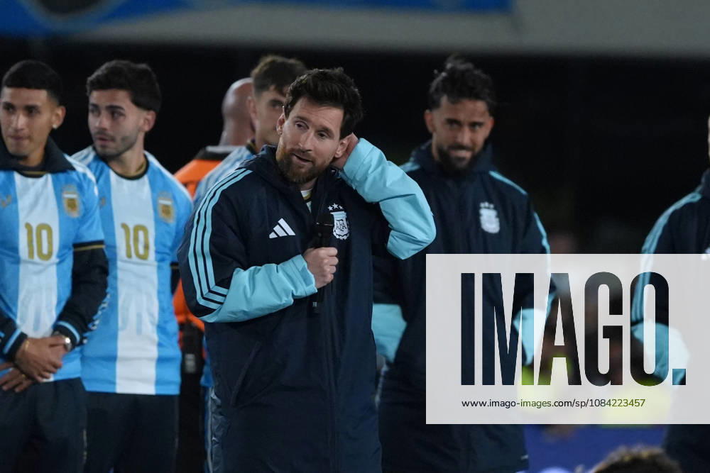 Messi bade farewell to Argentina in the friendly match against Benin BUENOS AIRES, ARGENTINA - OCTOBER 6: Argentine football legend and national team, Nationalteam captain Lionel Messi bids farewell to fans at the end of the his farewell match in front of over 80,000 spectators at the Monumental Stadium, in Buenos Aires, Argentina on October 6, 2026. Argentine football star Lionel Messi played his final international match, Länderspiel, Nationalmannschaft in the friendly game between Argentina and Benin. The 39-year-old walk onto the stadium pitch for the final time in the sky-blue and white jersey, entering his farewell as Argentina s record appearance-maker and leading scorer with 207 caps and 125 goals. Luciano Gonzalez Anadolu Buenos Aires Argentina. Editorial use only. Please get in touch for any other usage.