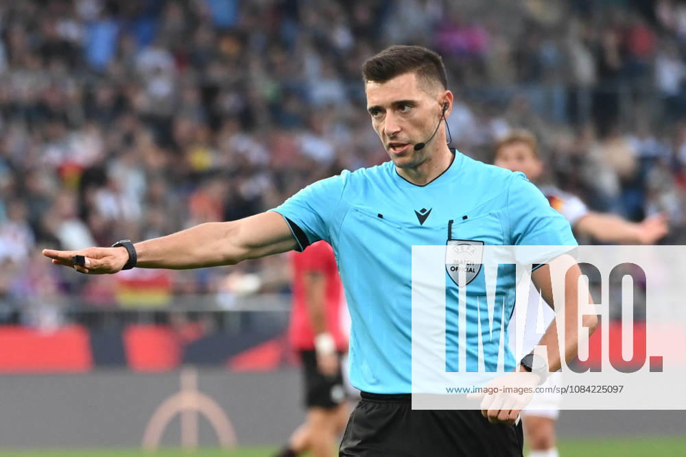 Referee Florian LATA ALB: gestures, soccer international match, U21, European Championship qualifier, Germany vs. Georgia 2–0 on October 6, 2026, Schüco Arena, Bielefeld, Â