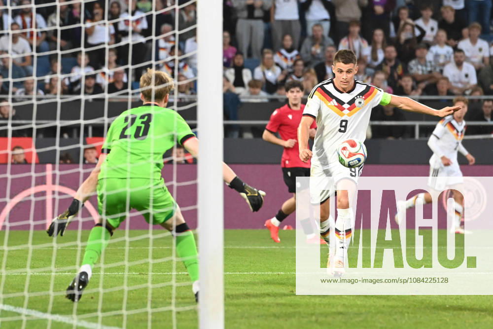 Nicolo TRESOLDI (GER) scoring chance, tackle, against goalkeeper Papuna Beruashvili (GEO) International soccer match, U21, European Championship Qualifiers, Germany vs. Georgia 2–0 on October 6, 2026, Schüco Arena, Bielefeld, Â