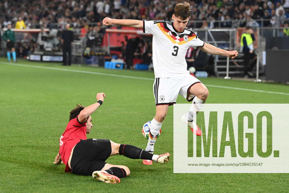 Lukas ULLRICH (GER) vs. Dato BUKIA (GEO) – Action, Tackle, International Soccer Match, U21, European Championship Qualifiers, Germany vs. Georgia 2–0 on October 6, 2026, Schueco Arena, Bielefeld, Â