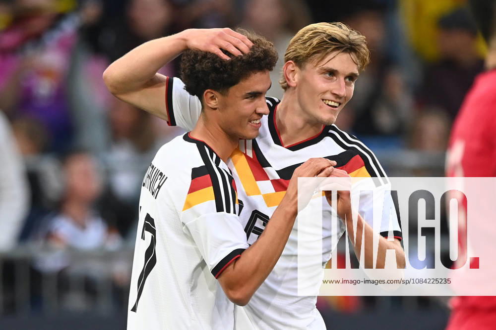 Noah DARVICH (GER) celebrates after scoring the 1-0 goal; celebration, cheering, joy, cheers, The goal is later credited to Dzenan PEJCINOVIC (GER), with Aljoscha KEMLEIN (GER) in an international soccer match, U21, European Championship Qualifier, Germany vs. Georgia 2–0 on October 6, 2026, at the Schüco Arena in Bielefeld, Â