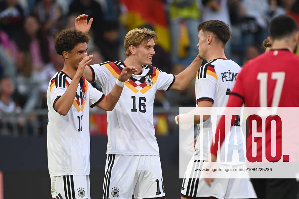 Noah DARVICH GER celebrates after scoring the 1-0 goal; celebration, cheering, joy, cheers, The goal is later credited to Dzenan PEJCINOVIC (GER), pictured here with Aljoscha KEMLEIN (GER) and Dzenan PEJCINOVIC (GER) in an international soccer match, U21, European Championship Qualifier, Germany vs. Georgia 2–0 on October 6, 2026, Schüco Arena, Bielefeld, Â