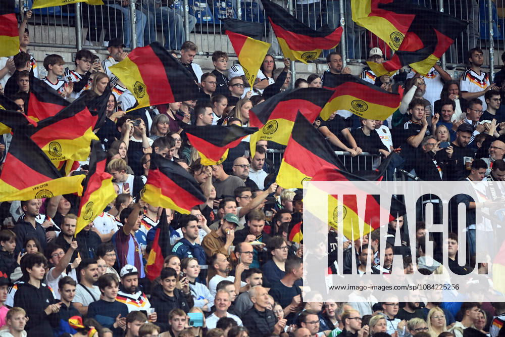 German fans with their flags, feature, background image, symbolic photo, international soccer match, U21, European Championship qualifier, Germany vs. Georgia 2–0 on October 6, 2026, Schüco Arena, Bielefeld, Â