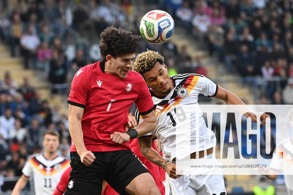 Paris BRUNNER (GER) vs. Vakhtang Salia (GEO) – header, header duel, international soccer match, U21, European Championship Qualifiers, Germany vs. Georgia 2–0 on October 6, 2026, Schueco Arena, Bielefeld, Â