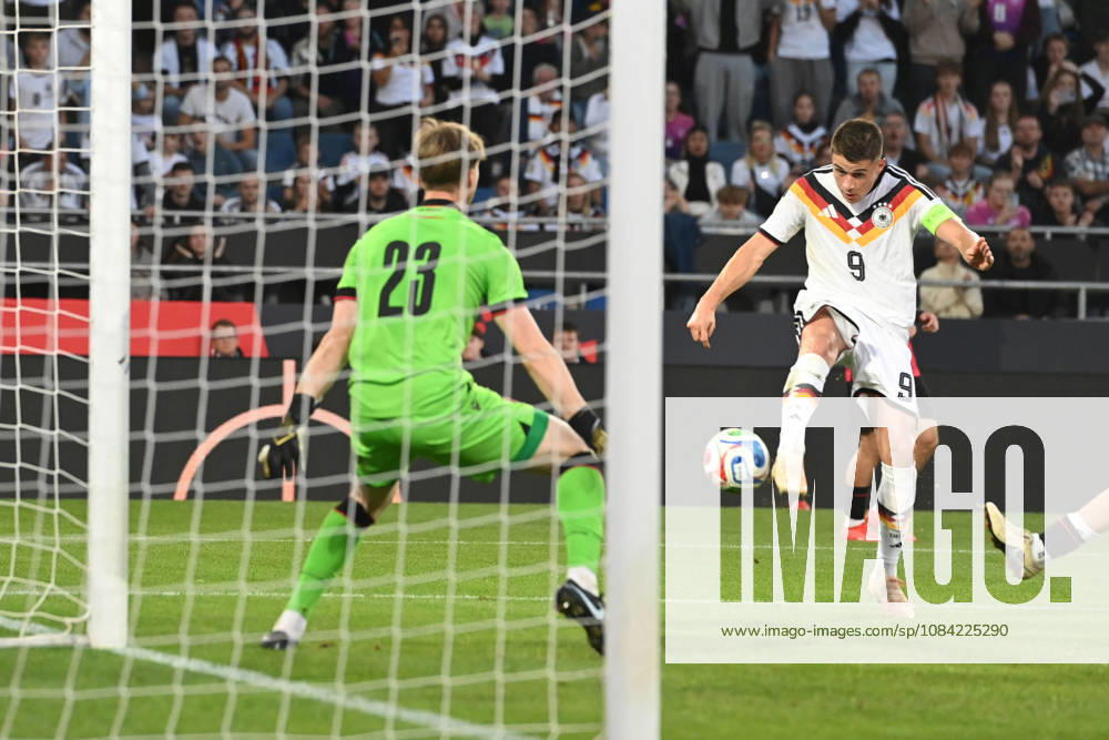 Nicolo TRESOLDI (GER) scoring chance, tackle, against goalkeeper Papuna Beruashvili (GEO) International soccer match, U21, European Championship Qualifiers, Germany vs. Georgia on October 6, 2026, Schüco Arena, Bielefeld, Â