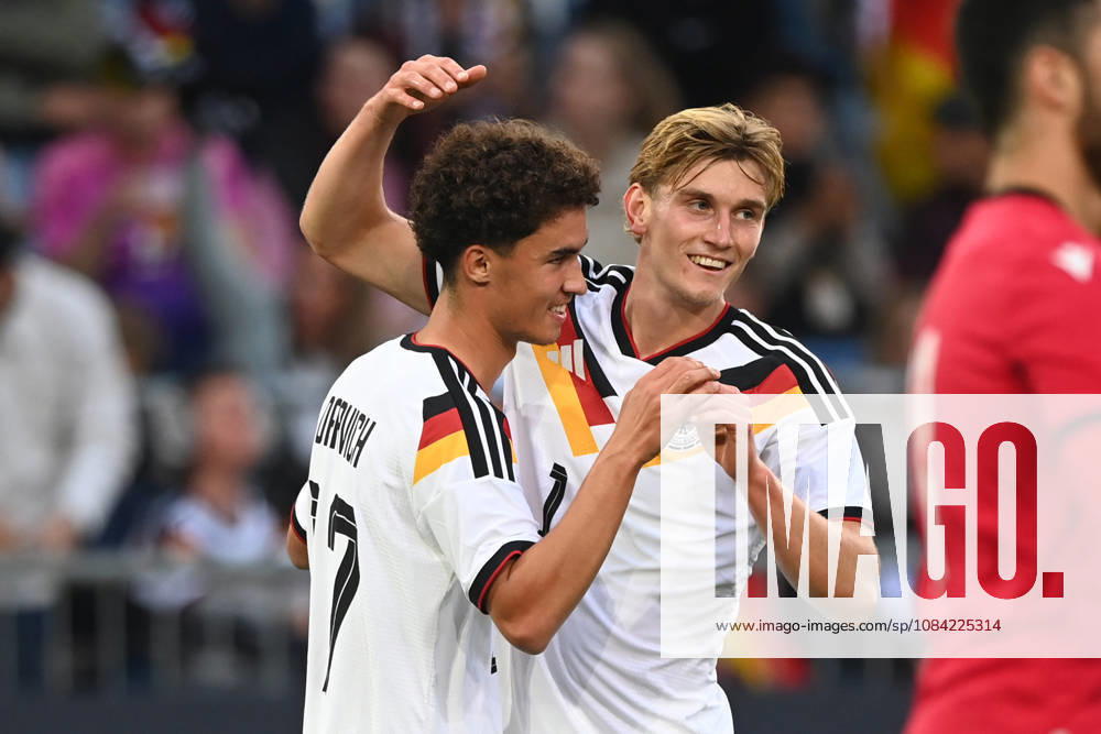 Noah DARVICH (GER) celebrates after scoring the 1-0 goal; celebration, cheering, joy, cheers, with Aljoscha KEMLEIN (GER) – soccer international match, U21, European Championship Qualifiers, Germany vs. Georgia on October 6, 2026, Schueco Arena, Bielefeld, Â