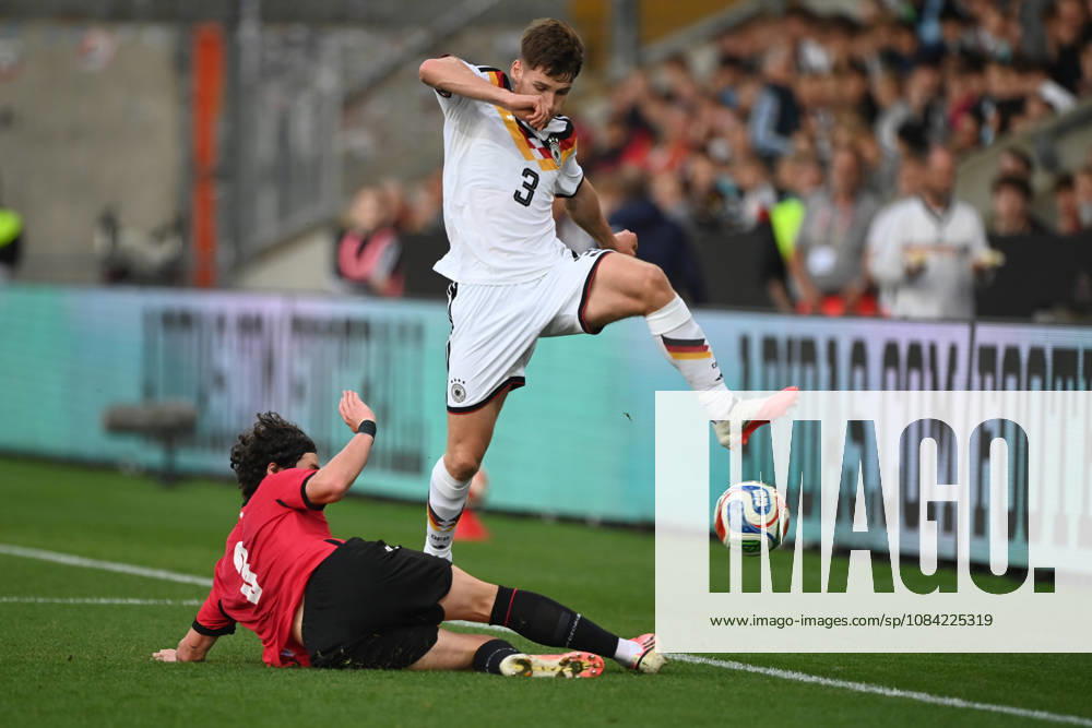Lukas ULLRICH (GER) vs. Dato BUKIA (GEO) – Action, Tackle, International Soccer Match, U21, European Championship Qualifiers, Germany vs. Georgia 2–0 on October 6, 2026, Schueco Arena, Bielefeld, Â