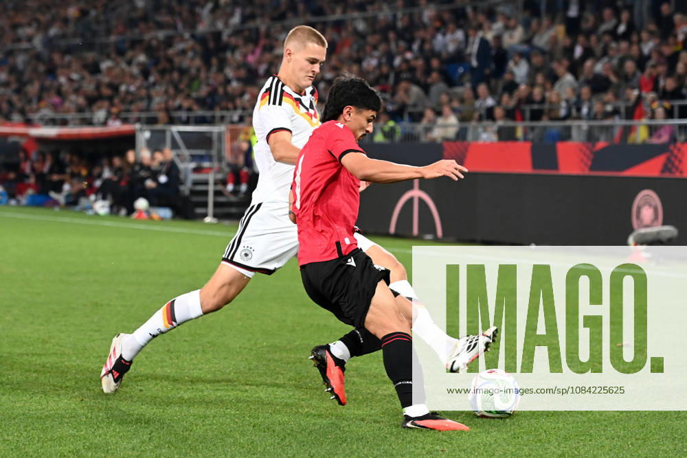 Tom Alexander ROTHE GER vs. Giorgi Robakidze GEO Action, Tackle, International Soccer Match, U21, European Championship Qualifiers, Germany vs. Georgia 2–0 on October 6, 2026, Schueco Arena, Bielefeld, Â