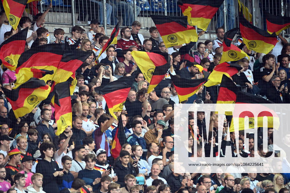 German fans with their flags, feature, background image, symbolic photo, international soccer match, U21, European Championship qualifier, Germany vs. Georgia 2–0 on October 6, 2026, Schüco Arena, Bielefeld, Â