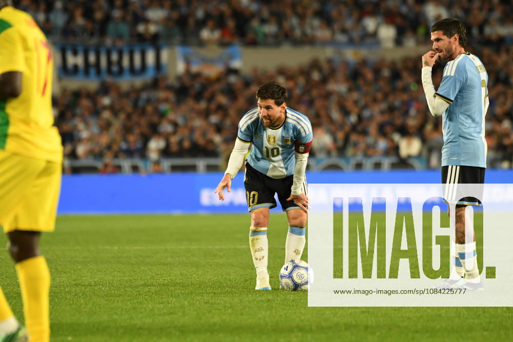 BUENOS AIRES, ARGENTINA 6 OCTOBER: Argentine footballer Lionel Messi talks to Argentine midfielder Rodrigo De Paul during a free-kick in a friendly match between Argentina and Benin at the Estadio Monumental Antonio V. Liberti on 6 October 2026 in Buenos Aires, Argentina.