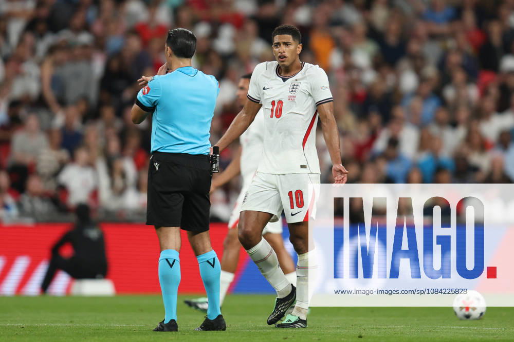 Jude Bellingham of England complains to match referee Serdar Gozubuyuk after receiving a foul during the UEFA Nations League 2026 27 group phase match between England and Czechia at Wembley Stadium on October 6, 2026 in London, England.