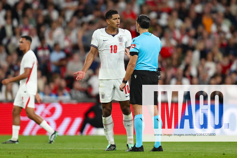 Jude Bellingham of England complains to match referee Serdar Gozubuyuk after receiving a foul during the UEFA Nations League 2026 27 group phase match between England and Czechia at Wembley Stadium on October 6, 2026 in London, England.