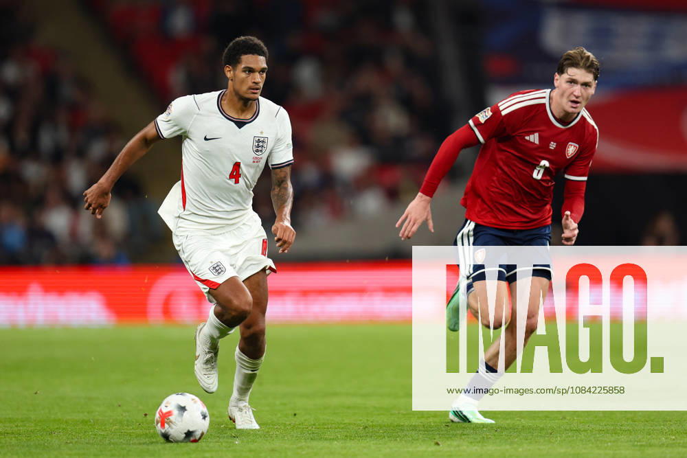 Jarell Quansah of England controls the ball while receiving pressure from Ryan Naderi of Czechia during the UEFA Nations League 2026 27 group phase match between England and Czechia at Wembley Stadium on October 6, 2026 in London, England.