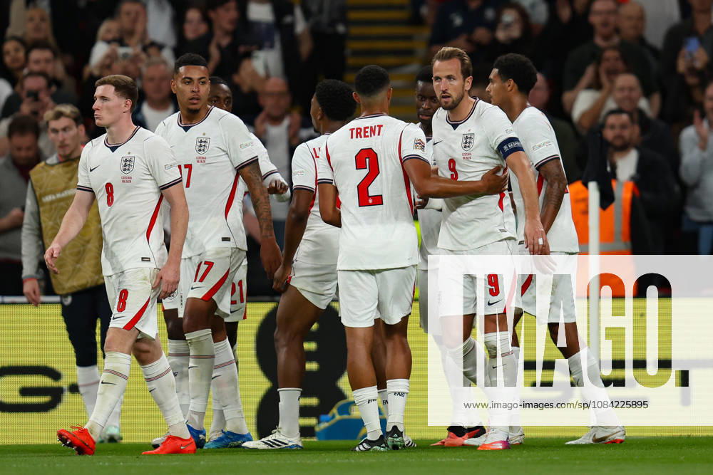 Harry Kane of England celebrates with his teammates after scoring his second goal during the UEFA Nations League 2026 27 group phase match between England and Czechia at Wembley Stadium on October 6, 2026 in London, England.