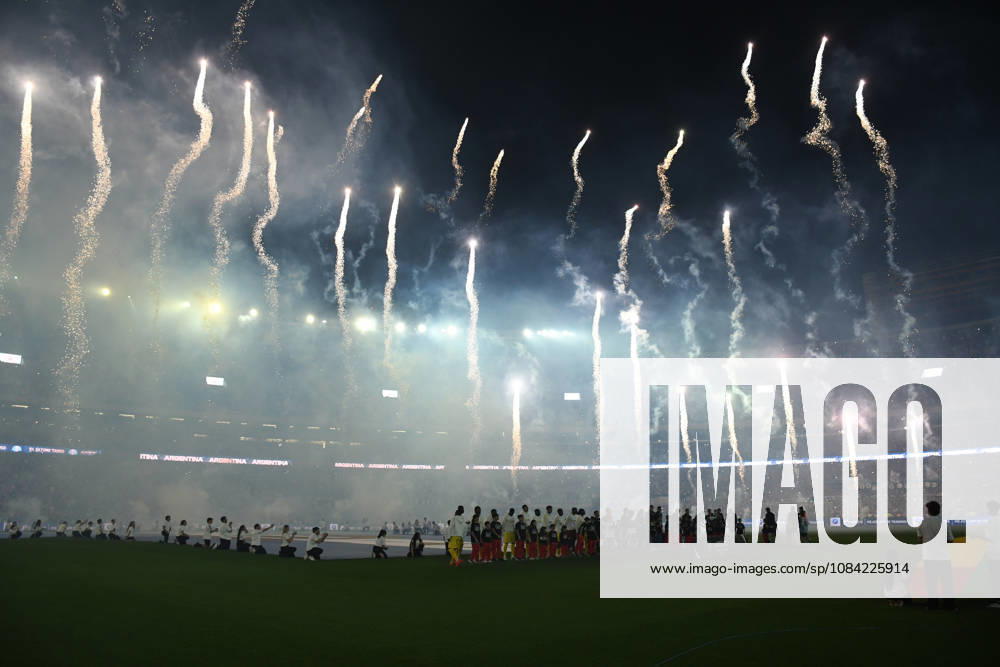firework and drone light show during the Lionel Messi of Argentina addresses, speak to the crowd after his final international appearance the International Friendly, Länderspiel, Nationalmannschaft match between Argentina and Benin at Estadio Mas Monumental on October 06, 2026 in Buenos Aires, Argentina. Photo by SFSI Argentina national team, Nationalteam v Benin