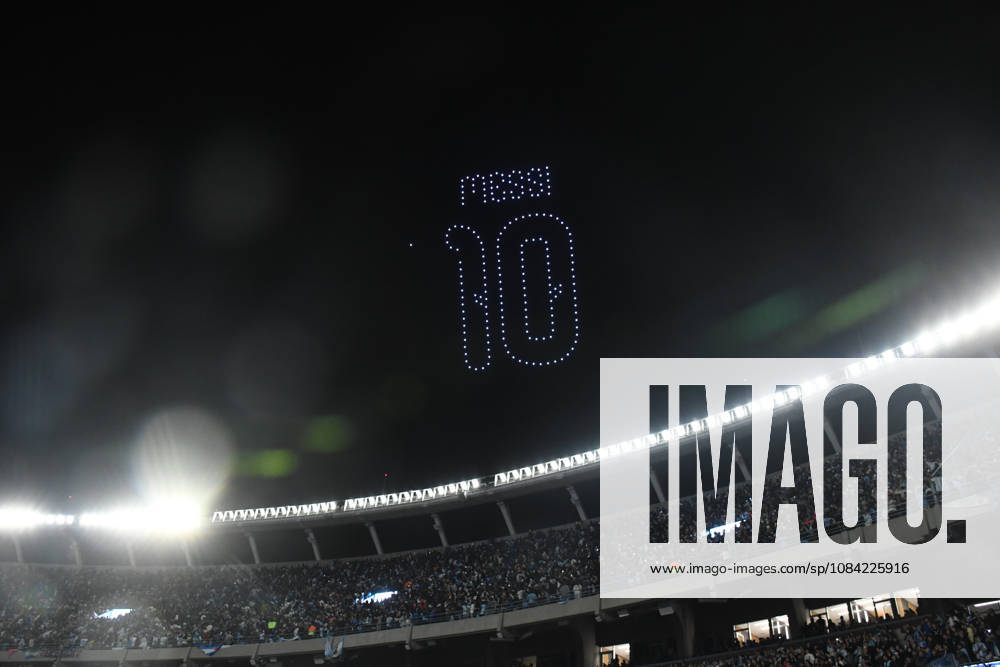 firework and drone light show during the Lionel Messi of Argentina addresses, speak to the crowd after his final international appearance the International Friendly, Länderspiel, Nationalmannschaft match between Argentina and Benin at Estadio Mas Monumental on October 06, 2026 in Buenos Aires, Argentina. Photo by SFSI Argentina national team, Nationalteam v Benin
