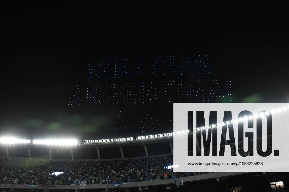 firework and drone light show during the Lionel Messi of Argentina addresses, speak to the crowd after his final international appearance the International Friendly, Länderspiel, Nationalmannschaft match between Argentina and Benin at Estadio Mas Monumental on October 06, 2026 in Buenos Aires, Argentina. Photo by SFSI Argentina national team, Nationalteam v Benin