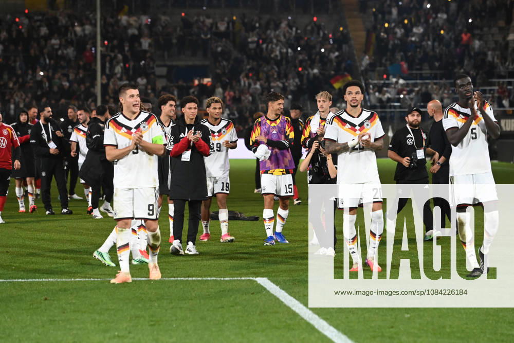 Victory celebration, cheering, joy, cheers, Germany, left: Nicolo TRESOLDI GER soccer international match, U21, European Championship Qualifiers, Germany vs. Georgia 2–0 on October 6, 2026, Schüco Arena, Bielefeld, Â