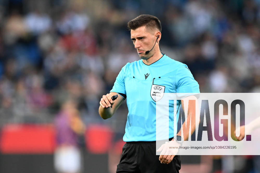 Referee Florian LATA ALB: gestures, soccer international match, U21, European Championship Qualifiers, Germany vs. Georgia 2–0 on October 6, 2026, Schüco Arena, Bielefeld, Â