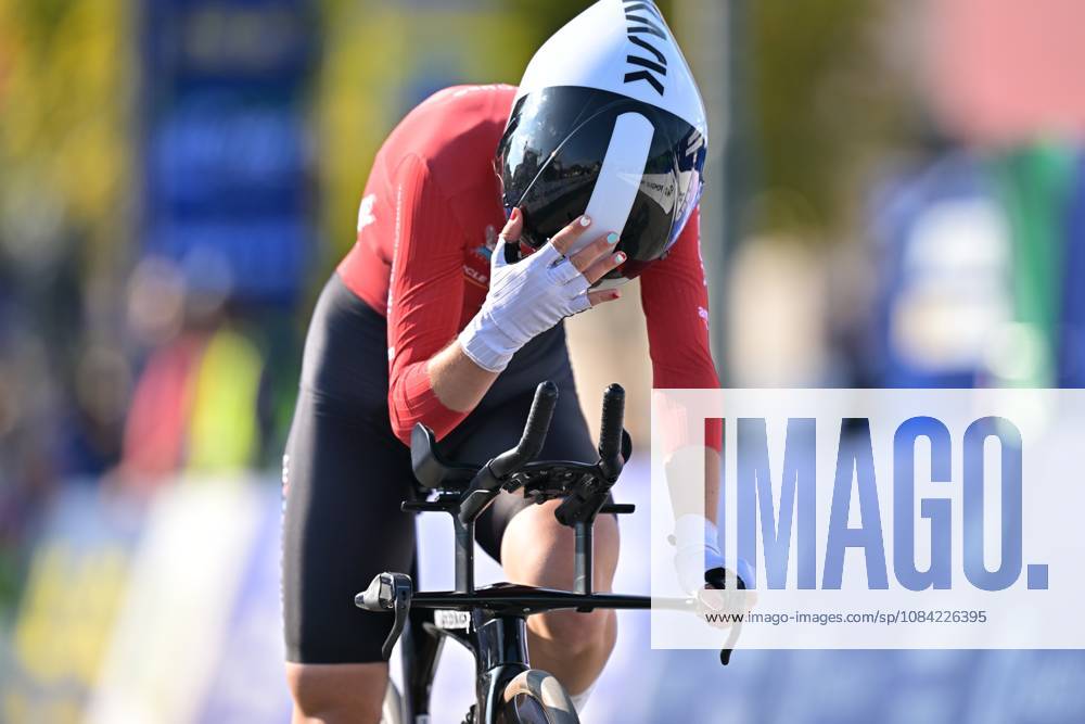 Luxembourg s Elena Lopes crosses the finish line of the Women Junior Individual Time Trial race (22km) at the cycling UEC Road European Championships, in Ljubljana, Slovenia, on Wednesday 7 October 2026. The UEC Road European Championships are taking place from 02 to 07 October in Ljubljana, Slovenia. DAVIDxPINTENS x189032665x