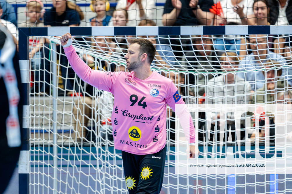 Solingen, October 6, 2026, Handball, Men s, EHF, European League, Group Stage, Matchday 2, 2026–2027, Bergischer HC vs. IK Sävehof, Kristian van der Merwe of Bergischer HC, 94, celebrates after a save at the Klingenhalle in Solingen, North Rhine-Westphalia, Germany