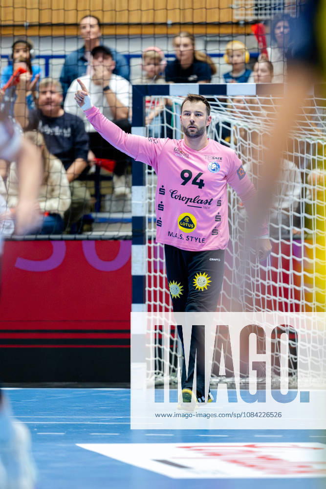Solingen, October 6, 2026, Handball, Men s, EHF, European League, Group Stage, Matchday 2, 2026–2027, Bergischer HC vs. IK Sävehof, Kristian van der Merwe of Bergischer HC, 94, celebrates after a save at the Klingenhalle in Solingen, North Rhine-Westphalia, Germany