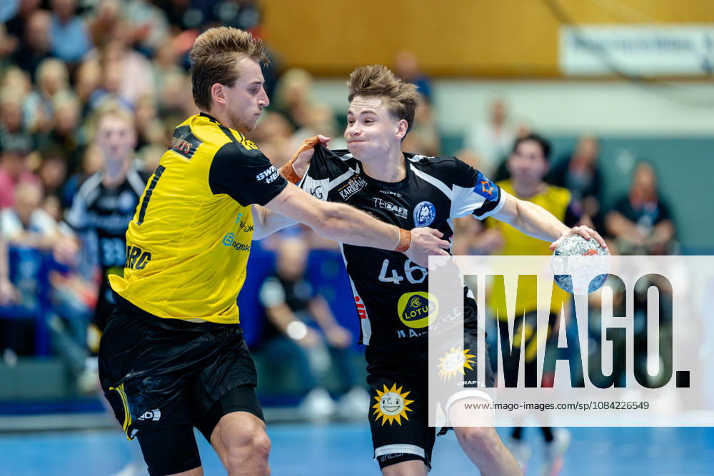 Solingen, October 6, 2026, Handball, Men s, EHF, European League, Group Stage, Matchday 2, 2026–2027, Bergischer HC vs. IK Sävehof, Julian Fuchs (Bergischer HC), No. 46, in a duel with David Sandberg (IK Sävehof), No. 21, Solingen Klingenhalle, North Rhine-Westphalia, Germany
