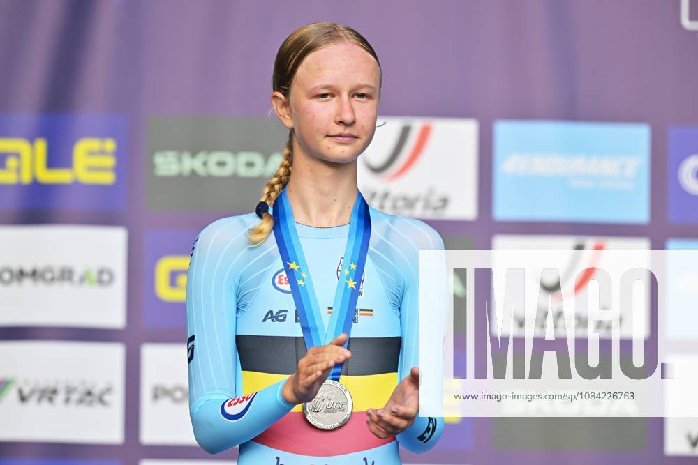 Belgium s Laura Five , winner of the silver medal pictured on the podium of the Women Junior Individual Time Trial race (22km) at the cycling UEC Road European Championships, in Ljubljana, Slovenia, on Wednesday 7 October 2026. The UEC Road European Championships are taking place from 02 to 07 October in Ljubljana, Slovenia. DAVIDxPINTENS x189033964x