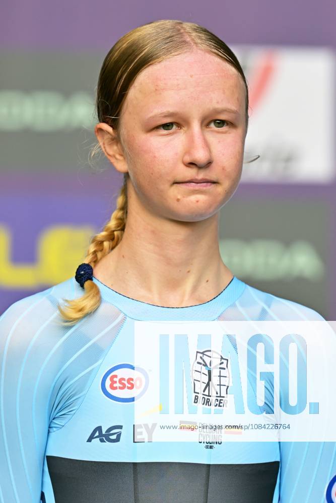 Belgium s Laura Five , winner of the silver medal pictured on the podium of the Women Junior Individual Time Trial race (22km) at the cycling UEC Road European Championships, in Ljubljana, Slovenia, on Wednesday 7 October 2026. The UEC Road European Championships are taking place from 02 to 07 October in Ljubljana, Slovenia. DAVIDxPINTENS x189033966x