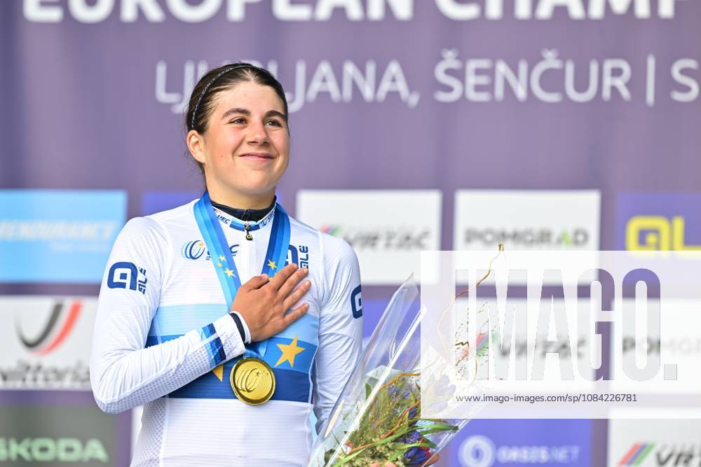 Spain s Alejandra Neira Dominguez celebrates on the podium after winning the Women Junior Individual Time Trial race (22km) at the cycling UEC Road European Championships, in Ljubljana, Slovenia, on Wednesday 7 October 2026. The UEC Road European Championships are taking place from 02 to 07 October in Ljubljana, Slovenia. DAVIDxPINTENS x189034038x