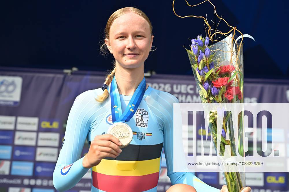 Belgium s Laura Five , winner of the silver medal pictured on the podium of the Women Junior Individual Time Trial race (22km) at the cycling UEC Road European Championships, in Ljubljana, Slovenia, on Wednesday 7 October 2026. The UEC Road European Championships are taking place from 02 to 07 October in Ljubljana, Slovenia. DAVIDxPINTENS x189034189x