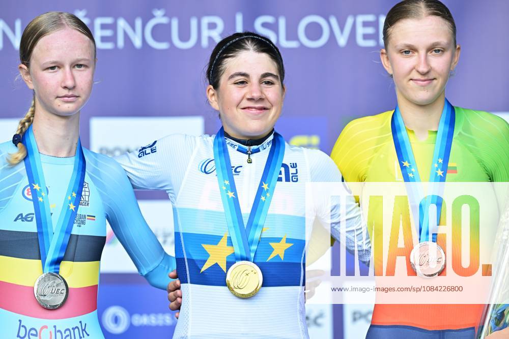 Belgium s Laura Five; Spain s Alejandra Neira Dominguez and Lithuania s Auguste Mikutyte celebrate on the podium of the Women Junior Individual Time Trial race (22km) at the cycling UEC Road European Championships, in Ljubljana, Slovenia, on Wednesday 7 October 2026. The UEC Road European Championships are taking place from 02 to 07 October in Ljubljana, Slovenia. DAVIDxPINTENS x189034194x