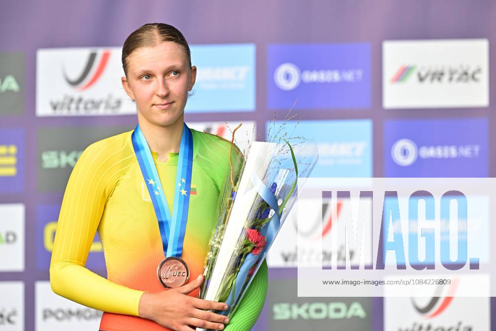 Lithuania s Auguste Mikutyte, winner of the bronze medal pictured on the podium of the Women Junior Individual Time Trial race (22km) at the cycling UEC Road European Championships, in Ljubljana, Slovenia, on Wednesday 7 October 2026. The UEC Road European Championships are taking place from 02 to 07 October in Ljubljana, Slovenia. DAVIDxPINTENS x189034202x