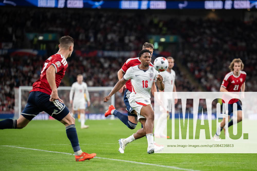 Marc Guehi of England and Adam Hlozek of Czechia chase the loose ball during the Nations League match between England and Czechia at Wembley Stadium, London, England on 6 October 2026.