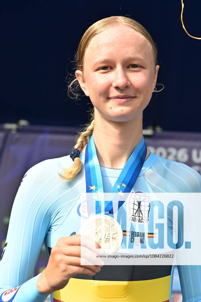 Belgium s Laura Five , winner of the silver medal pictured on the podium of the Women Junior Individual Time Trial race (22km) at the cycling UEC Road European Championships, in Ljubljana, Slovenia, on Wednesday 7 October 2026. The UEC Road European Championships are taking place from 02 to 07 October in Ljubljana, Slovenia. DAVIDxPINTENS x189034325x