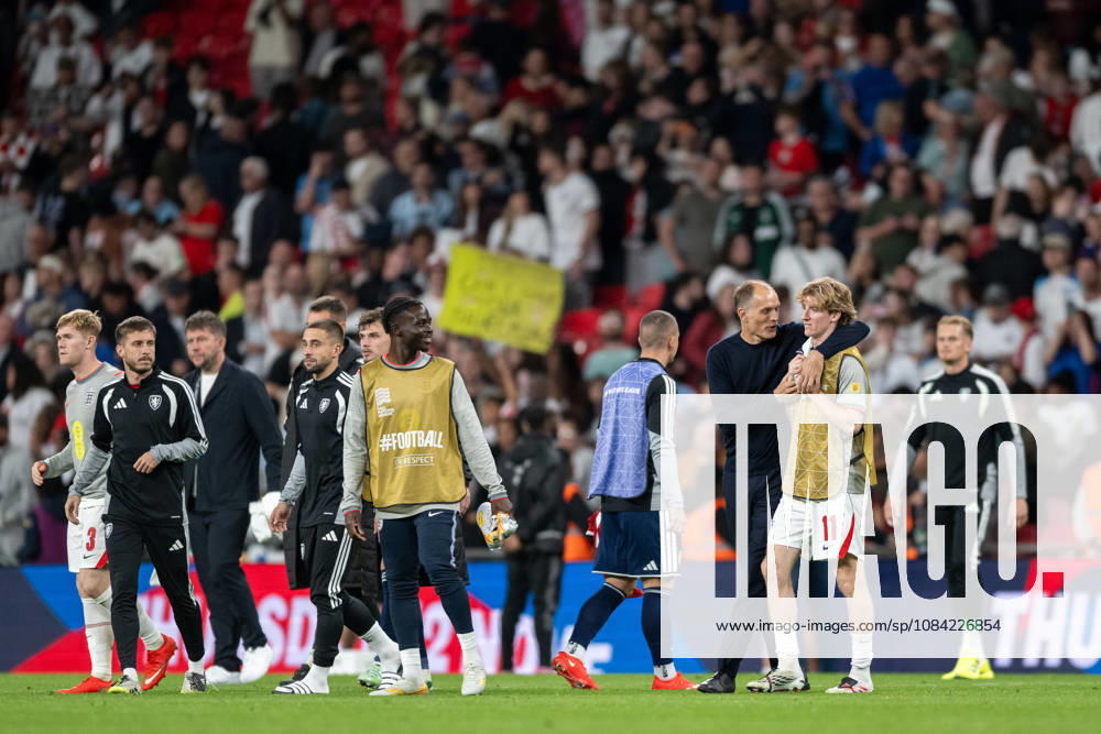 Thomas Tuchel England Manager and Anthony Gordon of England have a few words at the end of Englands win by 3-0 in the Nations League match between England and Czechia at Wembley Stadium, London, England on 6 October 2026.